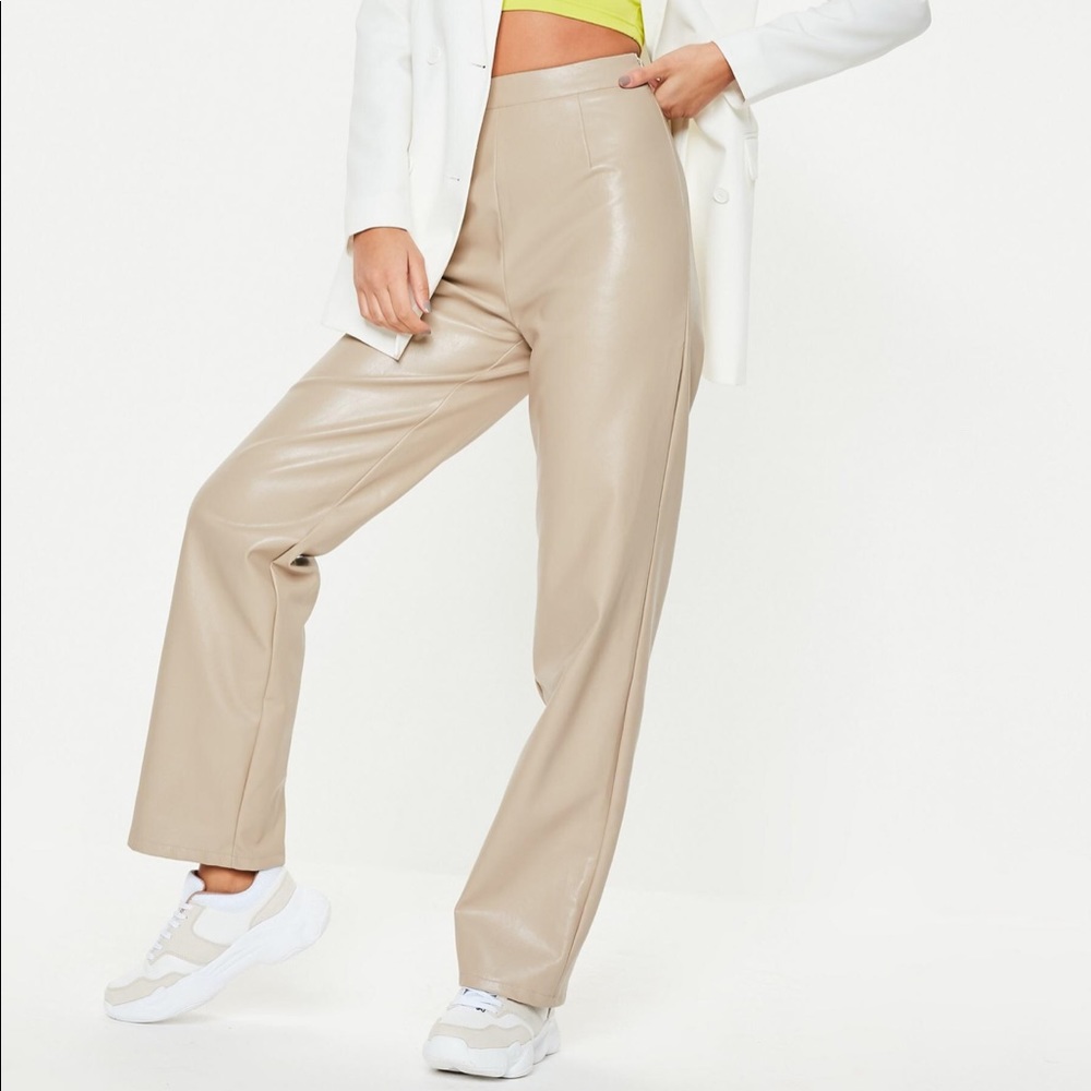 Missguided Faux Leather Tan Straight Leg Pant